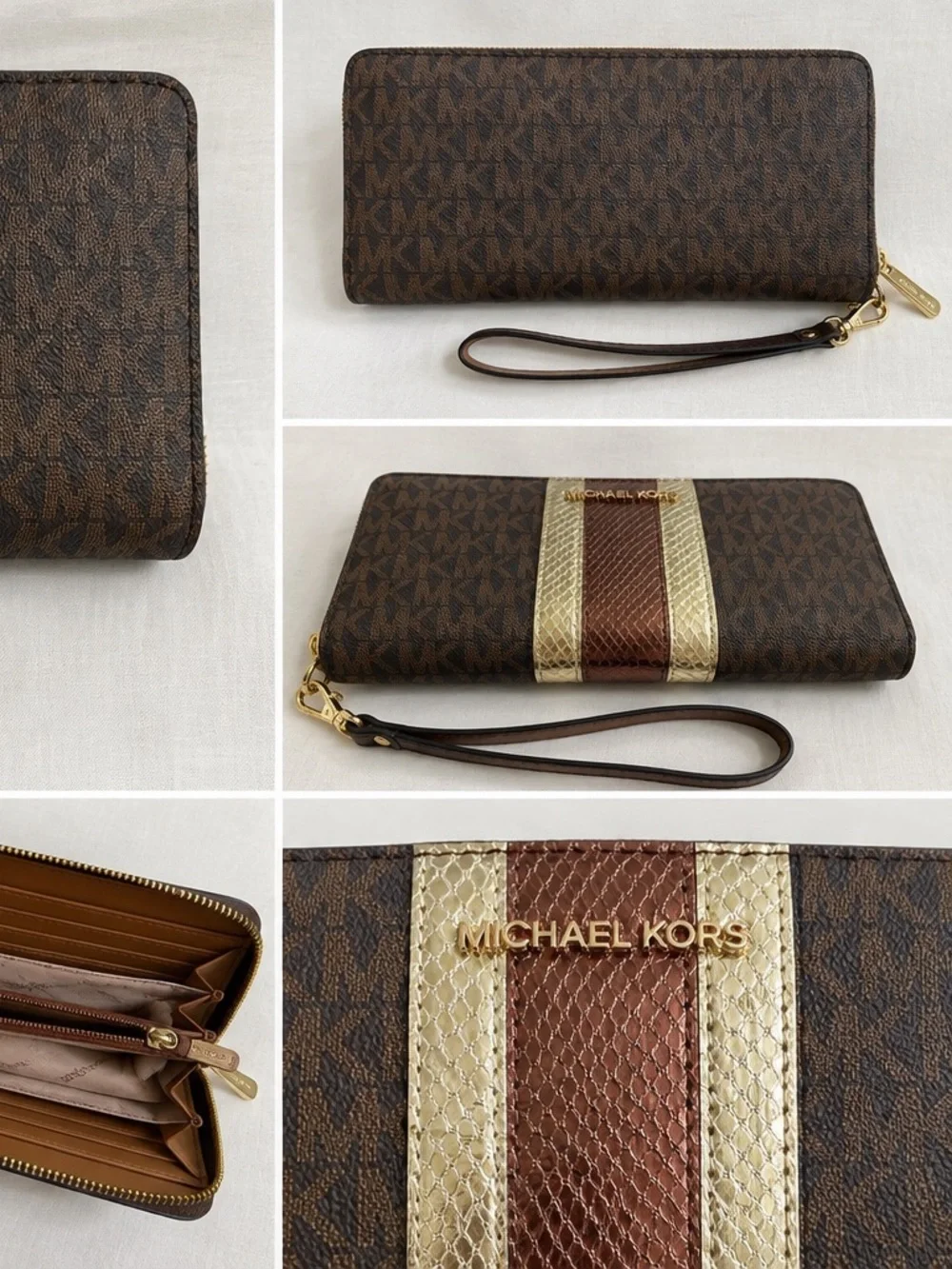 Michael Kors Brown and Gold Zip-Around Wristlet Card Holder